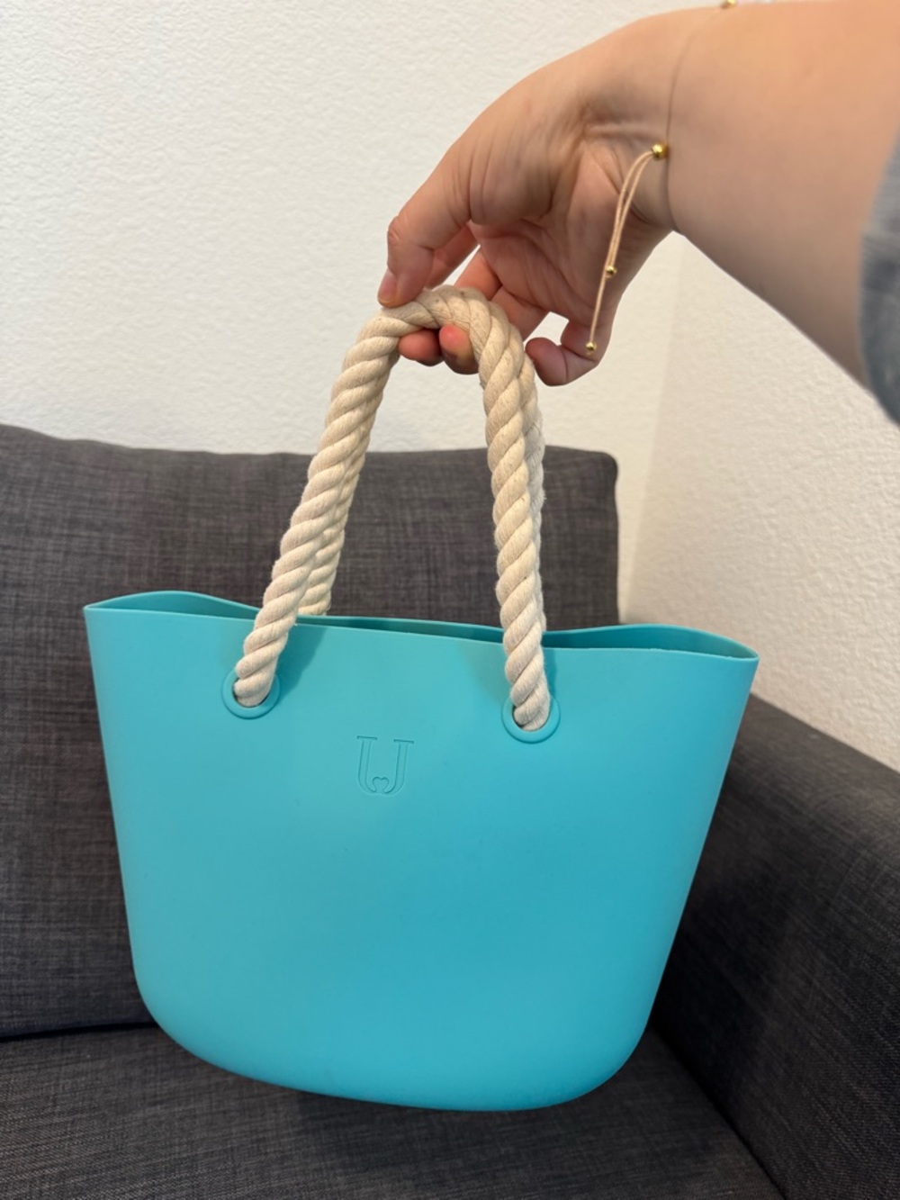 U Logo Turquoise Tote with Cream Rope Handles